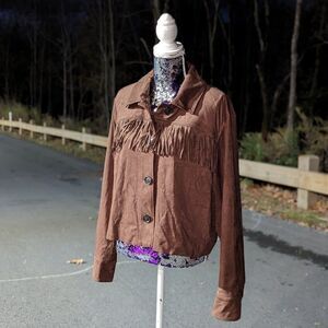 Brown Vegan Suede Fringe Crop Jacket Western Aztec Southwestern Cowboy XL NWT